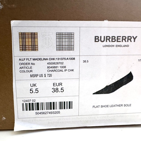 BURBERRY New With Box and Tags Madelina Ballet Signature Charcoal Plaid/Check - Picture 5 of 11